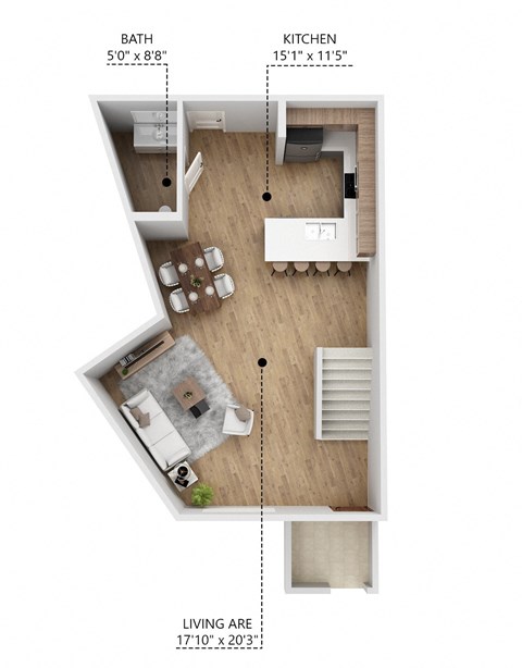 Floor plan for 1 bed, 1.5 baths, 810 sqft